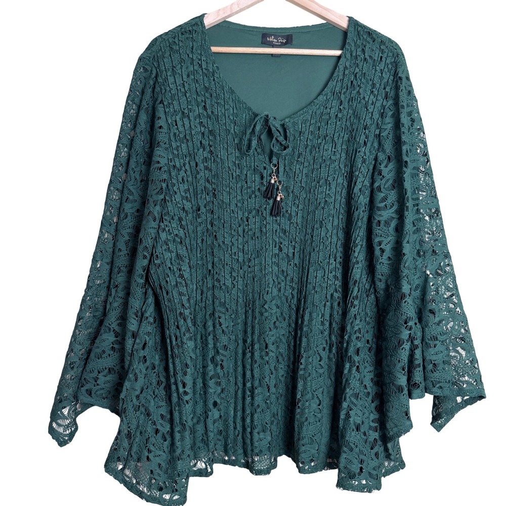 Melissa Paige 3X Green Boho Lace Romantic Witchy Whimsigoth Cape Sleeve Blouse